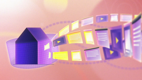 A stylised purple house with floating, colourful digital content around it.