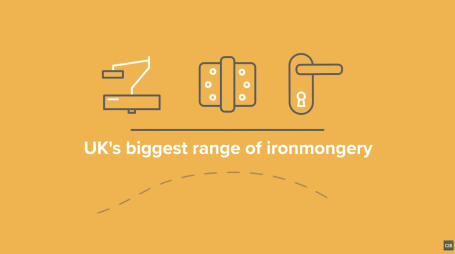 Text promoting the UK's largest range of ironmongery on a yellow background.