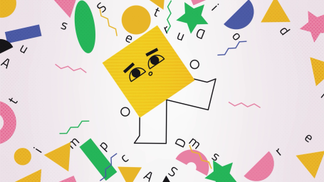 A yellow square with a face and white legs surrounded by colourful geometric shapes.