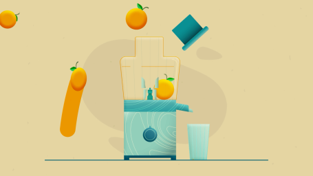 A blender with oranges and a cup, set against a yellow background.