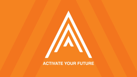 White triangular logo on an orange background with the text "Activate Your Future."