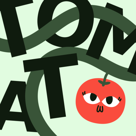 Red tomato character with eyes among the letters spelling "TOMATO" on a light background.