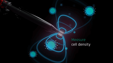 Diagram illustrating cell density measurement with blue circles and a red instrument.
