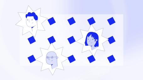 Three stylised faces in star shapes, arranged among blue squares on a light background.