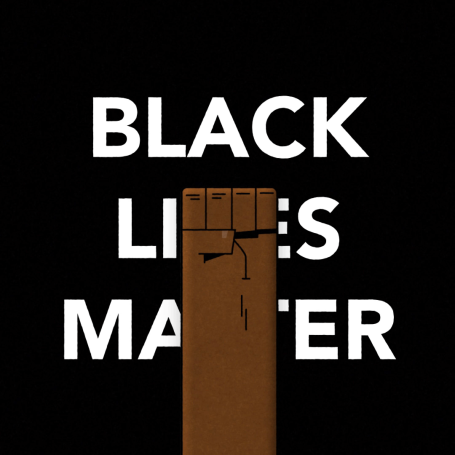 Raised fist in front of the words "Black Lives Matter" on a black background.