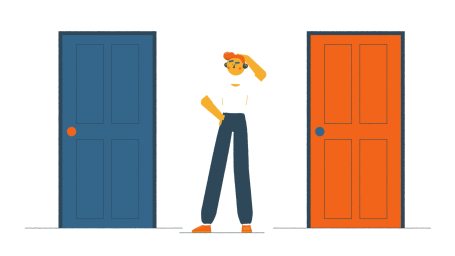 A person stands between a blue door and an orange door, looking thoughtful.