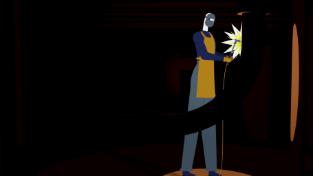 A figure in an apron holds a glowing object in a dark environment.