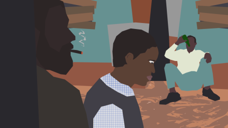 Two figures in an indoor setting, one smoking and the other sitting with a drink.