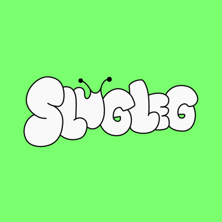 Text reading "SLUGLEG" in a playful, bubble font on a bright green background.