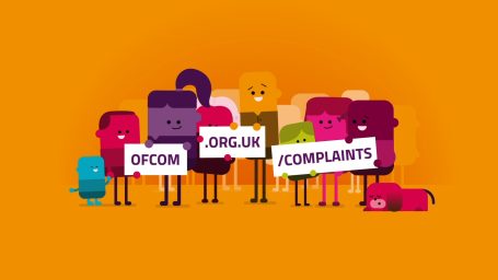 Colourful characters holding signs with the words "Ofcom" and "Complaints" on an orange background.